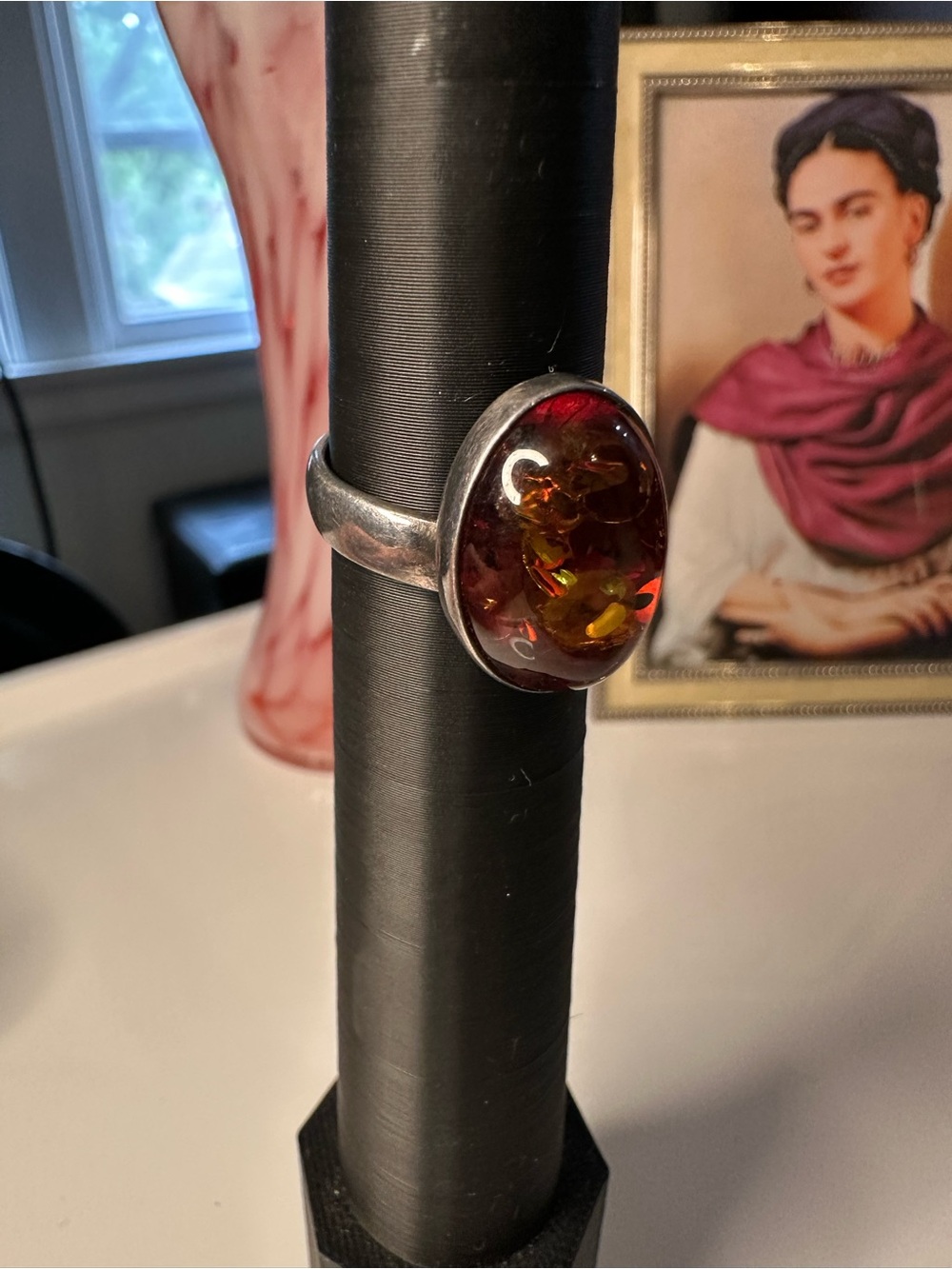 Vintage Sterling Silver Baltic Amber Cabochon Ring Adjustable Size 7.5 - Picture 5 of 11